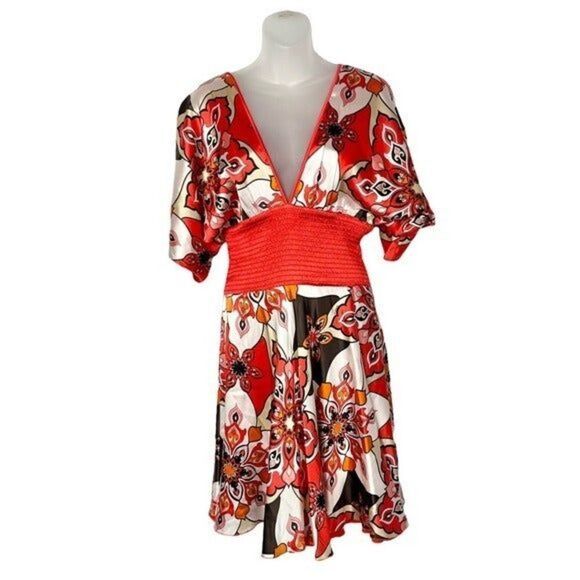 Bebe Red & White Floral Y2K Silk Kimono Reversible Mini Dress M - Picture 1 of 6